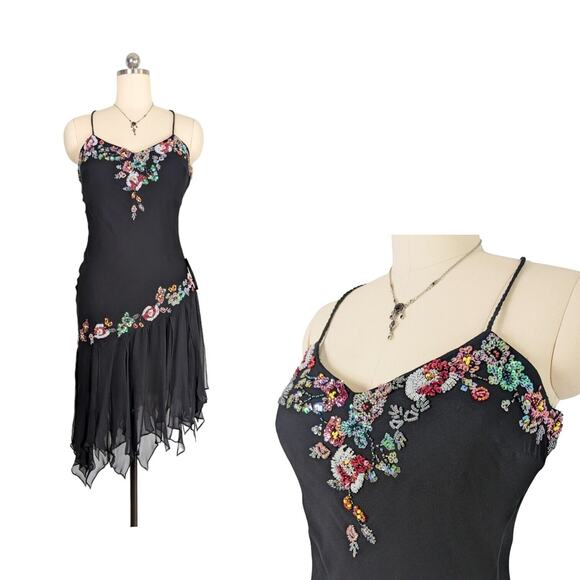 Vintage Midi Dress Fairy Gown 8 Black Floral Y2K Goth Bead Silk Guest Cocktail